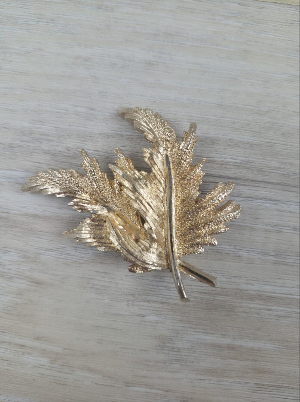 Vintage Gold Leaf Brooch Pin Textured Mid Century Statement Costume Jewelry